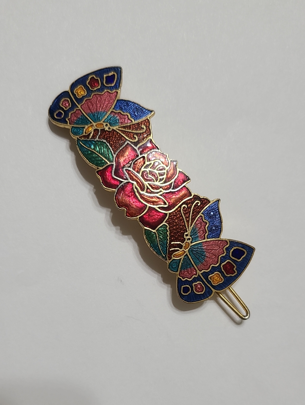 Vintage cloisonné enamel hair barrette clip butterflies and red rose
